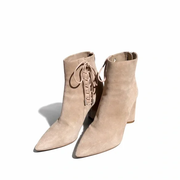 Kendall & Kylie Taupe Suede Lace-Up Ankle Booties Pointed Toe Block Heel - Picture 2 of 13